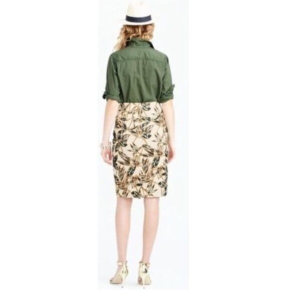 J. Crew Gold Foil Cream Green Leaf Print Cotton Pencil Skirt - 6 - Picture 10 of 12